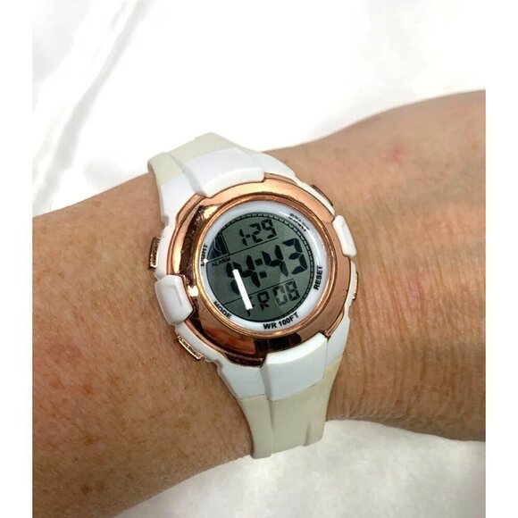 FMD Digital Sports Watch Rose Gold-Tone Bezel & White Silicone Strap FMDAW556 - Picture 2 of 10